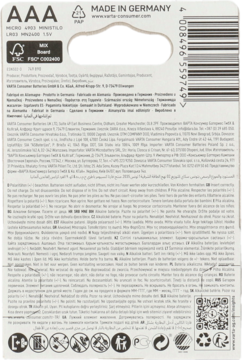 Tył białego opakowania Varta Baterie Longlife Power AAA, z kodem kreskowym i tekstem producenta.