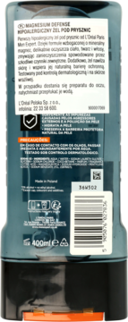 Tył butelki L'Oréal Men Expert Magnesium Defense, hipoalergiczny żel pod prysznic 400ml, widoczne opisy i kod kreskowy.