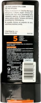 Tył czarnej butelki żelu L'Oréal Men Expert Pure Carbon Total Clean 5w1 400ml z polską etykietą i kodem EAN.