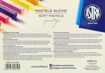 Tył opakowania Astra Prestige Soft Pastels, opis produktu, kod kreskowy, logo Astra, kolorowe sztyfty.