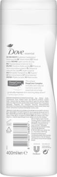 Biała butelka Dove Essential body lotion, tył z etykietą, DeepCare Complex i kodem kreskowym, 400ml.