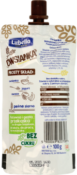 Tył saszetki Lubella Owsianka bananowa z kakao, 100g. Pożywna przekąska bez cukru, z pełnym ziarnem.