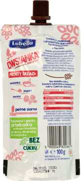 Tył białej saszetki Lubella Owsianka malinowo-daktylowa 100g, z etykietą informacyjną, bez dodatku cukru.