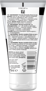 Biała tubka kremu Neutrogena Formuła Norweska do rąk i paznokci 75ml, tył opakowania.