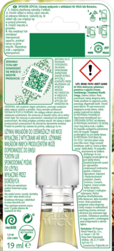 Tył opakowania wkładu Air Wick do elektrycznego odświeżacza powietrza, z ostrzeżeniami i kodem QR.