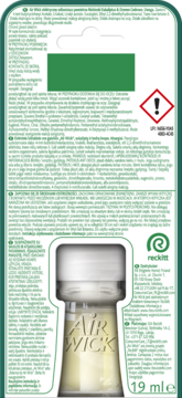 Tył zielonego opakowania wkładu Air Wick 19ml, odświeżacza powietrza o zapachu lasów Amazonii, widoczna butelka z płynem.