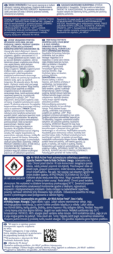 Tył Air Wick Active Fresh automatycznego odświeżacza powietrza. Biało-beżowa obudowa, etykieta, zielony przycisk.