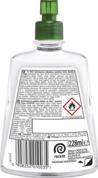 Tył białego wkładu Air Wick kwiat bawełny 228ml z zielonym dozownikiem, widoczna etykieta ostrzegawcza.