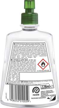Tył opakowania Air Wick Automatyczny odświeżacz powietrza Morska Bryza 228ml, biała butelka z zielonym atomizerem.