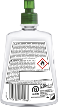 Tył białego wkładu Air Wick Naturmatic, 228ml, z zielonym dozownikiem i etykietą z ostrzeżeniem o łatwopalności.