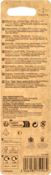 Tył opakowania długopisu Parker, średnia linia, niebieski tusz. Beżowy karton z napisami i kodem kreskowym.