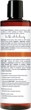 Tył bursztynowej butelki żelu pod prysznic Sense of Pleasure z białą etykietą i tekstem o składnikach.