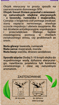 Tył opakowania olejku Sweet Dream z opisem działania, nut zapachowych (lawenda, rumianek, wanilia) i sposobów użycia.