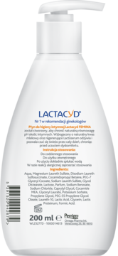 Tył białej butelki Lactacyd FEMINA 200ml, płyn do higieny intymnej, z pompką. Widoczna lista składników.