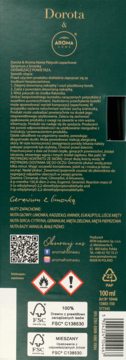 Tył ciemnozielonego opakowania odświeżacza powietrza Dorota & Aroma Home Geranium z limonką 100ml z etykietami.