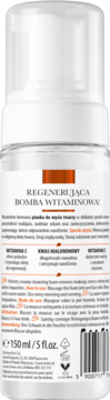 Tył butelki pianki oczyszczającej Lirene z witaminami C+E, widoczne informacje o składnikach i pojemności 150ml.