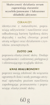 Tekst opisujący serum Dermika Luxury Ceramides: składniki aktywne ceramidy, złoto 24K, kwas hialuronowy, 60g.