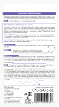 Tył białego opakowania Skin Clinic Professional z zielonym paskiem i pełną listą składników produktu.