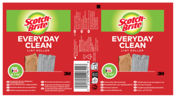 Opakowanie Scotch-Brite Everyday Clean Lint Roller, czerwone z zielonym logo, pokazujące arkusze, widok z przodu i tyłu.
