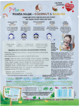 Tył opakowania nawilżającej maski w płachcie 7th Heaven Panda Kokos Banan, z instrukcją i składnikami.