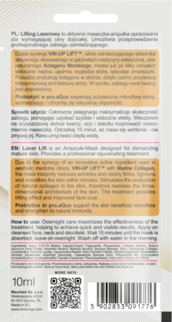 Tył opakowania maski-ampułki Lifting Laserowy 10ml, z opisami PL/EN i składnikami, widocznym kodem kreskowym.