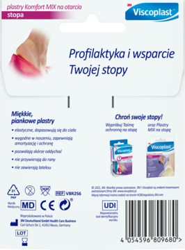 Tył opakowania Viscoplast Plastry Komfort Mix na otarcia. Opis: 'Profilaktyka i wsparcie Twojej stopy'.