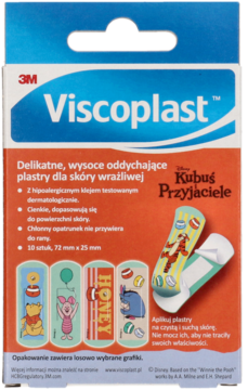 Pionowe opakowanie Viscoplast Kubuś Przyjaciele, hipoalergiczne plastry dla dzieci z Puhciem, Tygrysem i Prosiaczkiem.