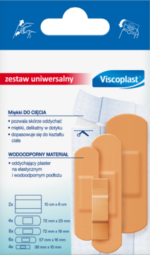 Zestaw uniwersalny plastrów Viscoplast, opakowanie front. Różne rozmiary beżowych, miękkich i wodoodpornych plastrów.