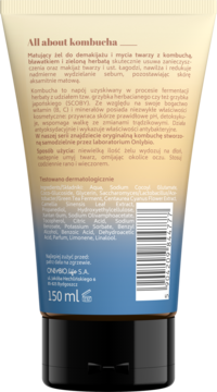 Tył tubki Onlybio matującego żelu do demakijażu z kombuchą, 150 ml, z opisem składników.