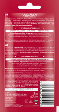 Tył czerwonej saszetki Collagen Ampoule-Mask 8ml, Eveline Cosmetics, opis składników: 3 Formy Kolagenu, 24K Złoto.