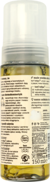 Tył butelki tołpa dermokosmetyku z enzymem papai i kwasem hialuronowym. Przezroczysta butelka z żółtą cieczą, 150ml.