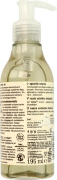 Tył butelki tołpa enzymatyczny żel do mycia twarzy 195 ml. Widać opis, skład i oznaczenia 100% vegan.
