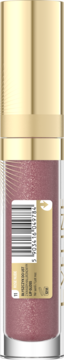 Eveline Diamond Glow Rose Nude, brokatowy błyszczyk, tubka ze złotą zakrętką, widok na etykietę i kod.