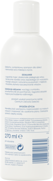 Tył białej butelki rumiankowego szamponu dla dzieci, z polską etykietą, listą składników i kodem kreskowym, 270 ml.