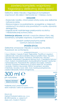 Tył opakowania Ziaja mleczka łagodzącego z wapniem dla dzieci 300 ml, zielony pasek, opis działania i składu.