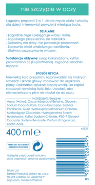 Tył butelki żelu ZIAJA 2w1 dla dzieci, 400ml, z listą składników i opisem działania "nie szczypie w oczy".