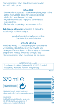 ZIAJA natłuszczający płyn dla dzieci, 370ml, biała butelka, tył opakowania z kodem kreskowym i składem.