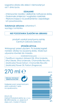 Tył białej butelki Ziaja oliwki dla dzieci, niebieski tekst, skład, działanie, rumianek, 270 ml.