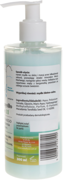 Tył mydła solankowego z Morza Martwego w jasnoniebieskiej butelce 300ml z dozownikiem, widoczny skład i kod EAN.