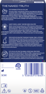 Tył granatowego opakowania prezerwatyw Durex. Widoczne informacje o jakości i utylizacji, oraz kod kreskowy.