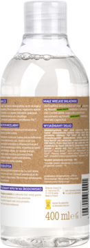 Tył butelki płynu micelarnego 400ml, przezroczyste opakowanie z brązową etykietą i białym tekstem.