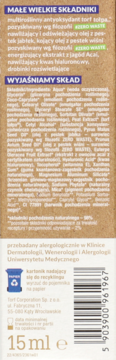 Tył opakowania brązowego kremu pod oczy, widoczna lista składników, kod kreskowy, 15ml.