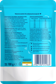 Tył niebieskiej saszetki karmy dla psów z kurczakiem i warzywami, 100g. Widoczne składniki, dawkowanie, barcode.
