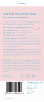 Tył opakowania wody toaletowej PHEYM WONDERLAND 50ml z nutami zapachowymi, kodem kreskowym na różowym tle.
