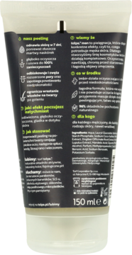 Tył tubki peelingu tołpa men 150 ml, biało-ciemnoszare opakowanie z opisem zastosowania i składników.