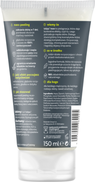 Peeling do twarzy tołpa men 150ml, tył tuby. Jasne opakowanie z polskim opisem korzyści i składników.