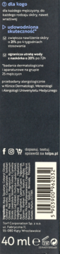 Tył ciemnego opakowania kremu nawilżającego tołpa men, z białym tekstem, kodem kreskowym i ikonami.