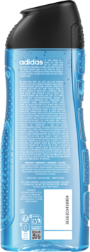 Tył niebieskiego żelu pod prysznic Adidas After Sport 3 w 1 do ciała, włosów, twarzy z etykietą ze składnikami i kodem.