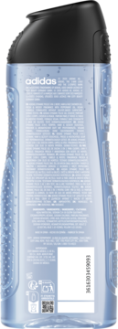 Tył butelki żelu pod prysznic adidas Dynamic Pulse, jasnoniebieska, z czarną nakrętką i białymi etykietami z tekstem.