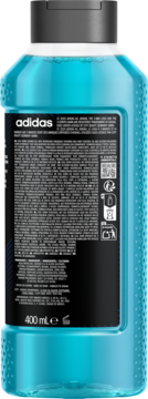 Tył niebieskiego żelu pod prysznic Adidas Cool Down dla mężczyzn 400ml, widoczne detale etykiety ze składnikami.